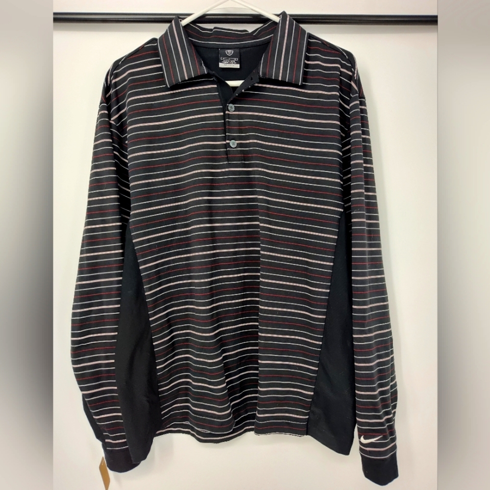 Nike Golf Dri-Fit U/V Black Striped Long Sleeve Polo Shirt Sz Mens Medium